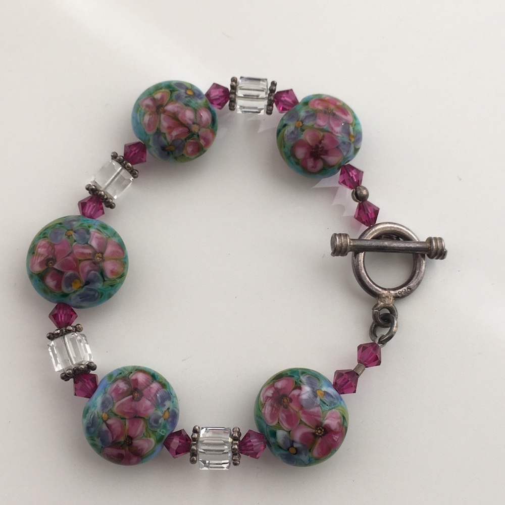 Purple Violet Flower Glass Bead Bracelet